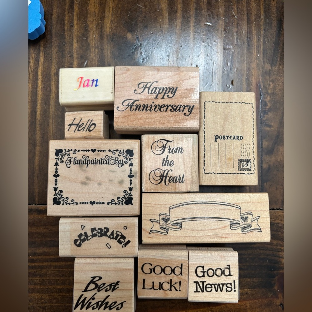 Source Unknown Wooden Stamp Set with Black Text (11)